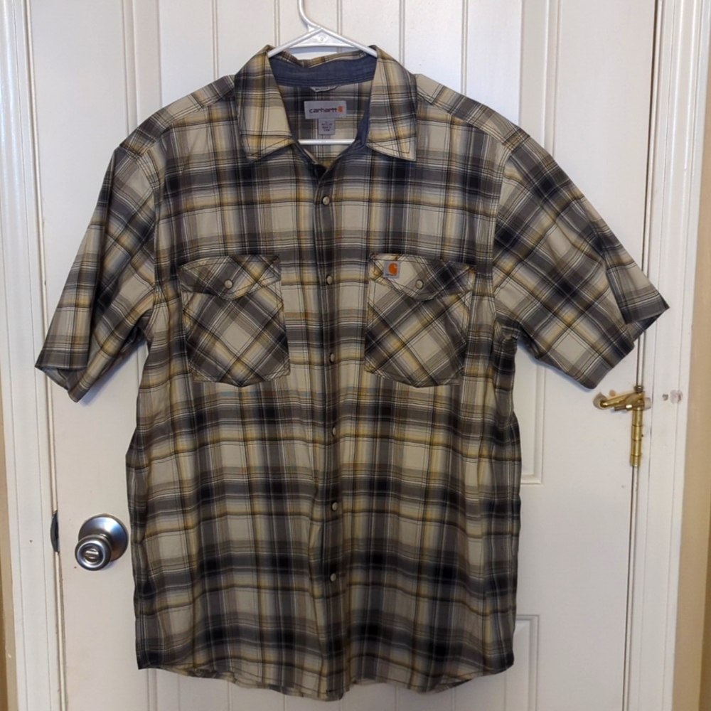 Carhartt relaxed fit button down shirt in light Hunter green and yellow beige